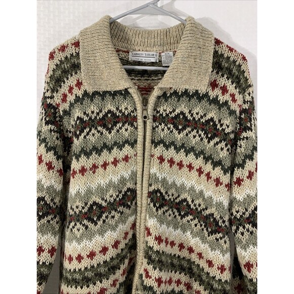 Vintage Carolyn Taylor Fair Isle Zip Up Sweater Womens M Cardigan Wool Blend - Picture 2 of 6